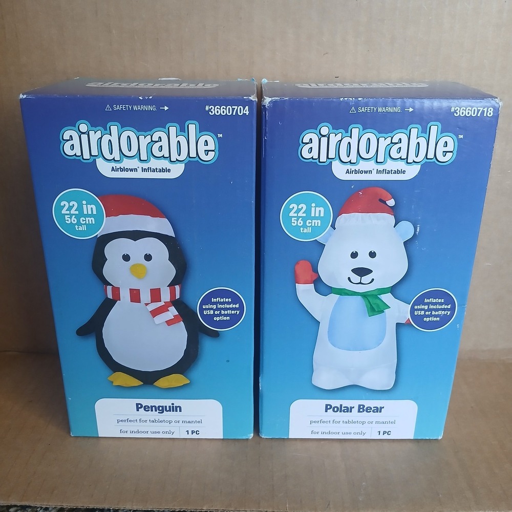 Gemmy Christmas Polar Bear, Penguin Tabletop Decor Airdorable  Inflatable 22"